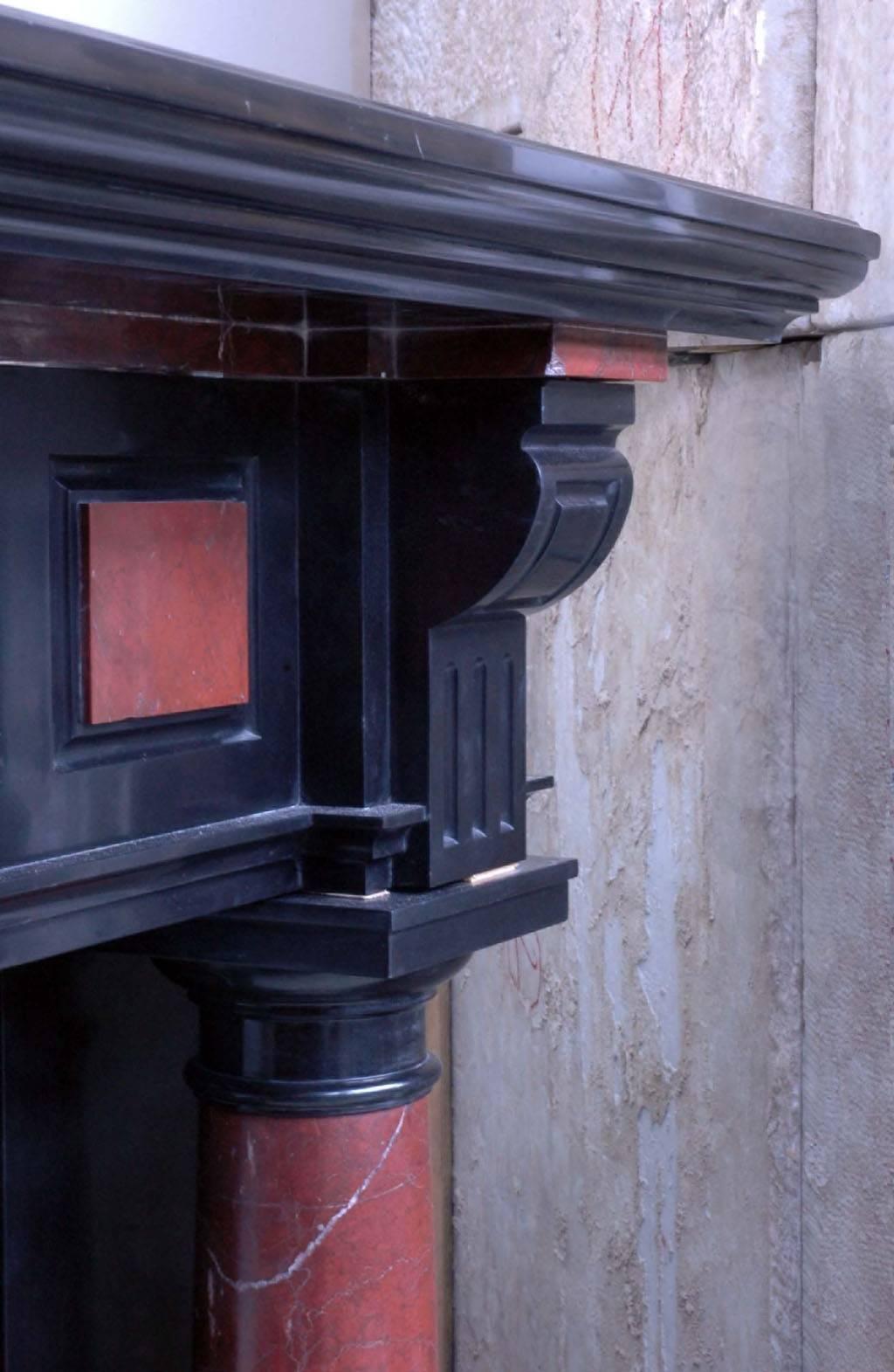 French Napoleon III Style Fireplace with Columns, Black Belgian Marble and Red Marble For Sale