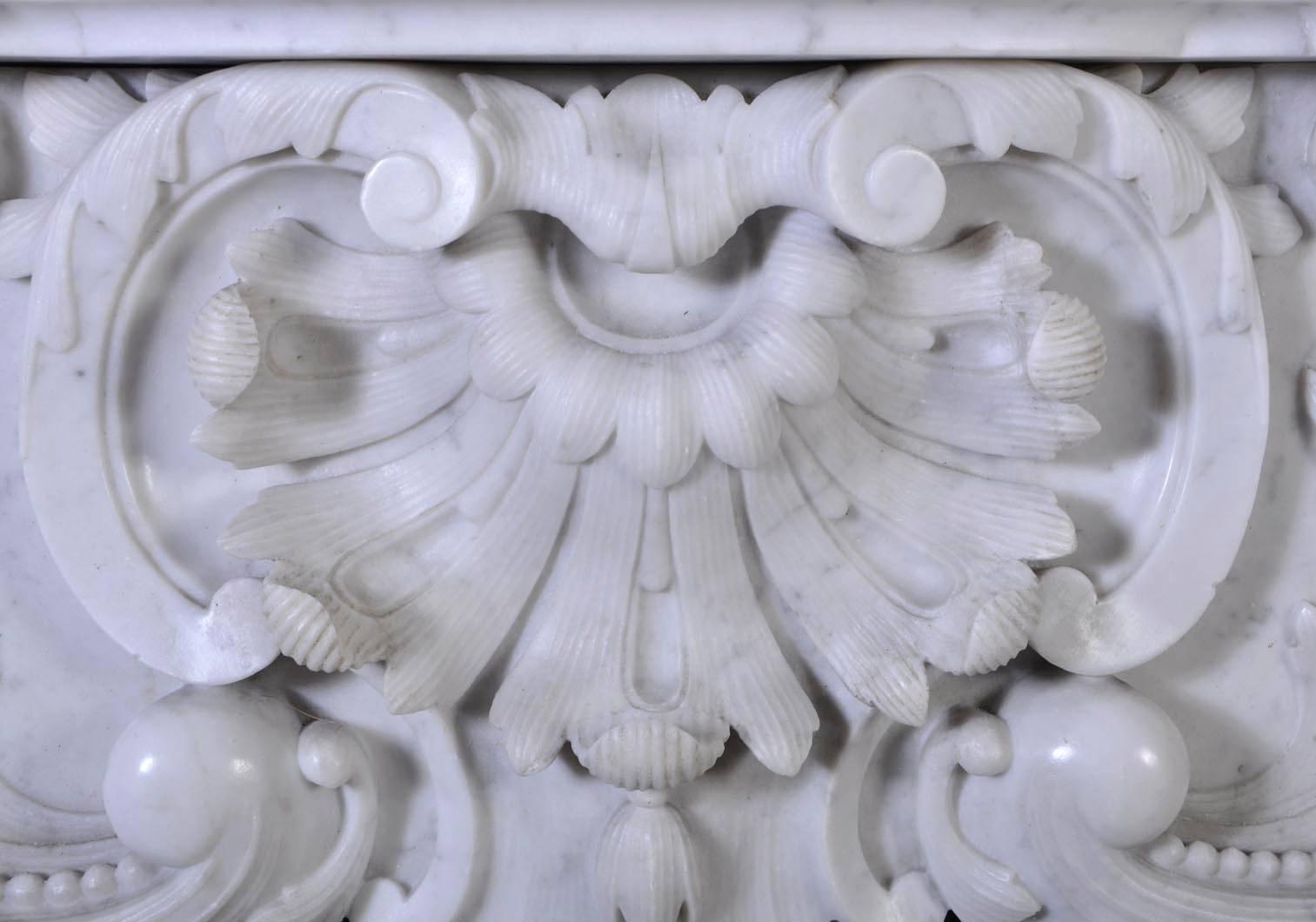 French Opulent Louis XV Style Fireplace in White Carrara Marble, 19th Century