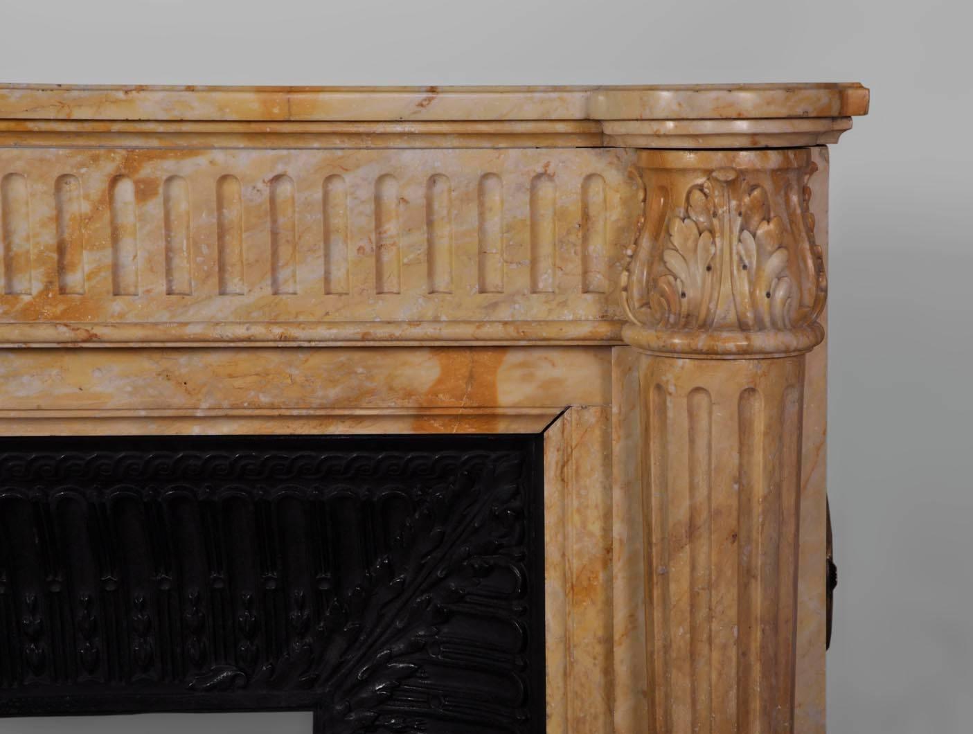 19th Century Louis XVI Style Fireplace in Yellow from Siena Marble with Half-Columns For Sale