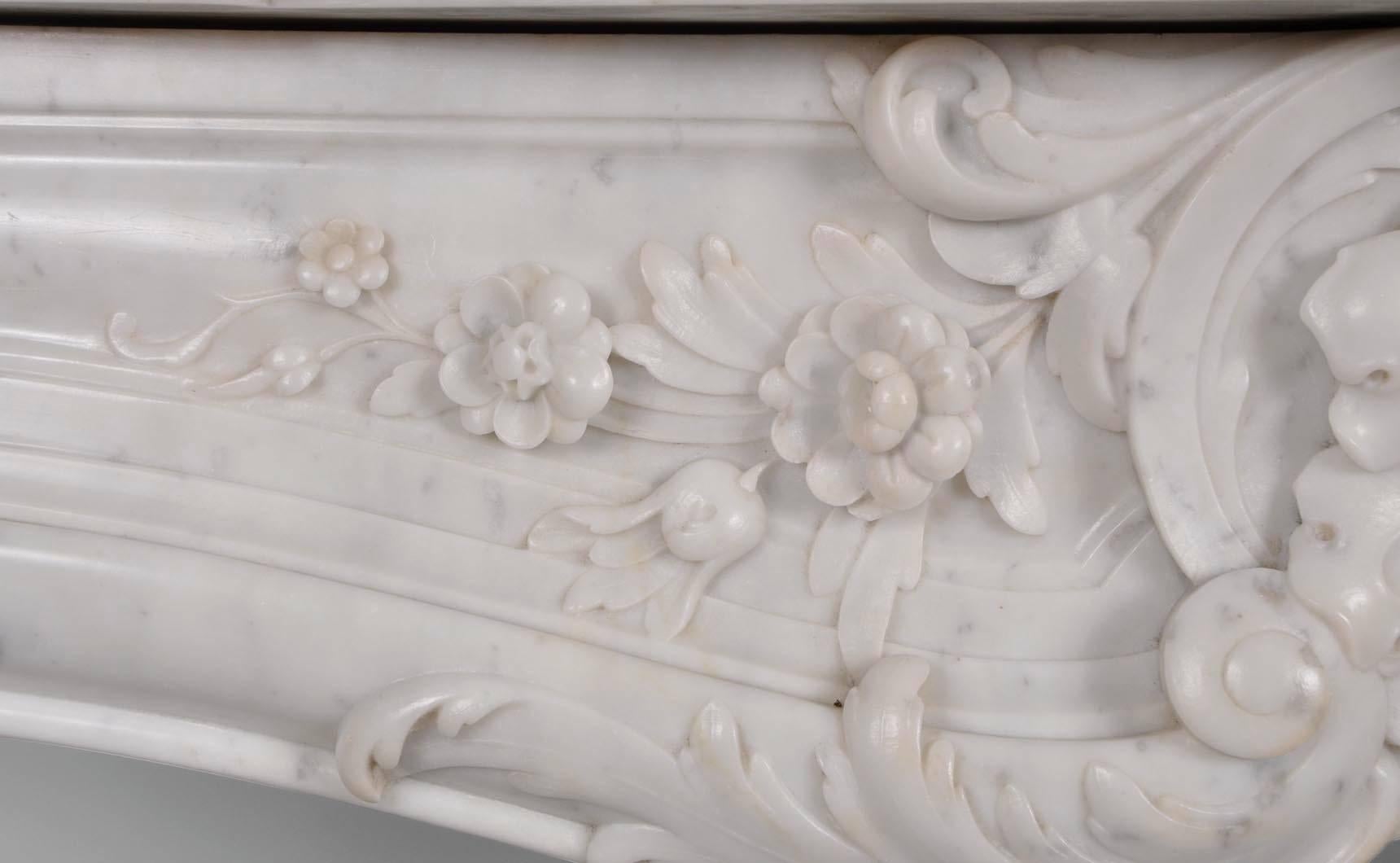 French Opulent Louis XV Style Fireplace in White Carrara Marble, 19th Century