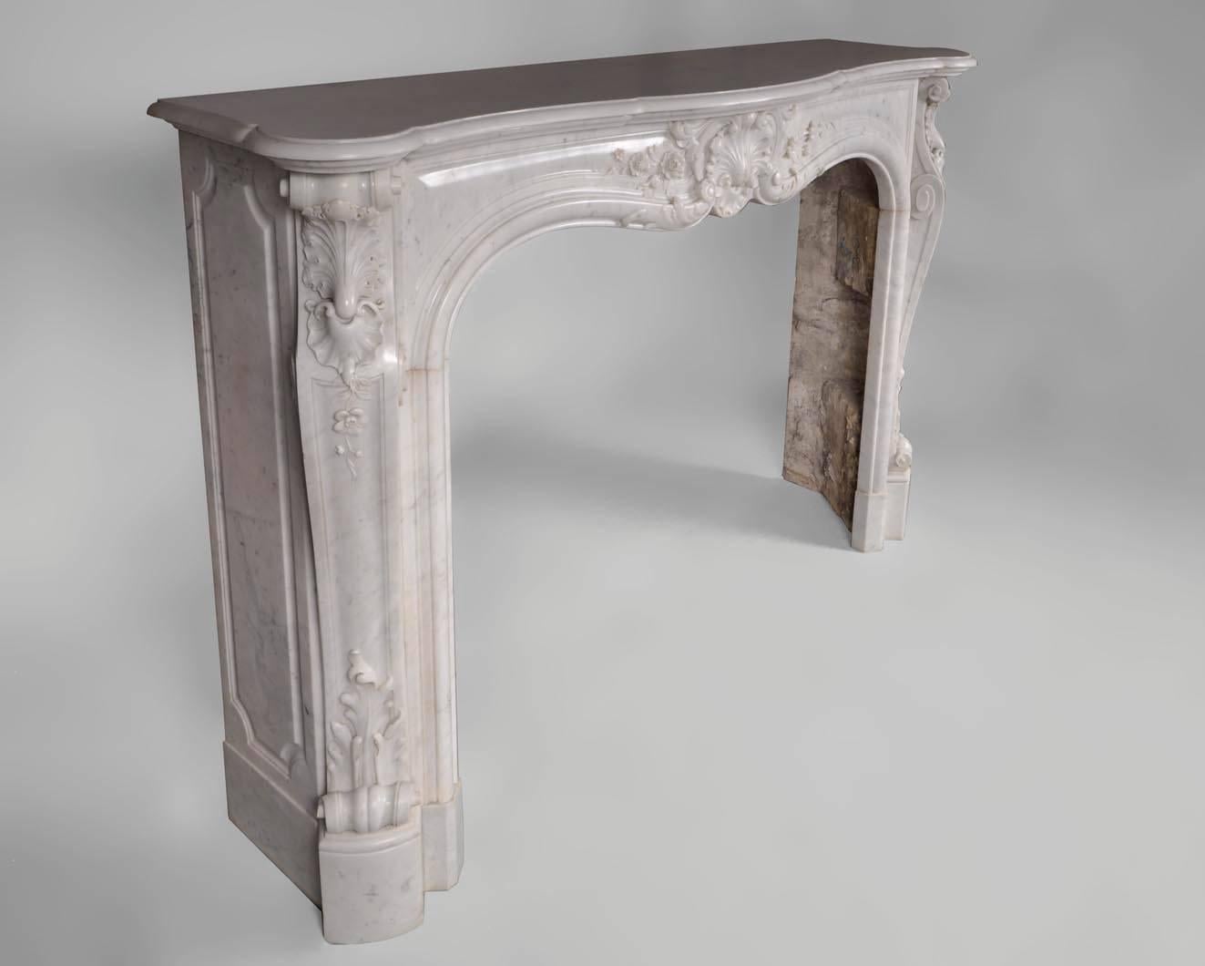 Carved Opulent Louis XV Style Fireplace in White Carrara Marble, 19th Century