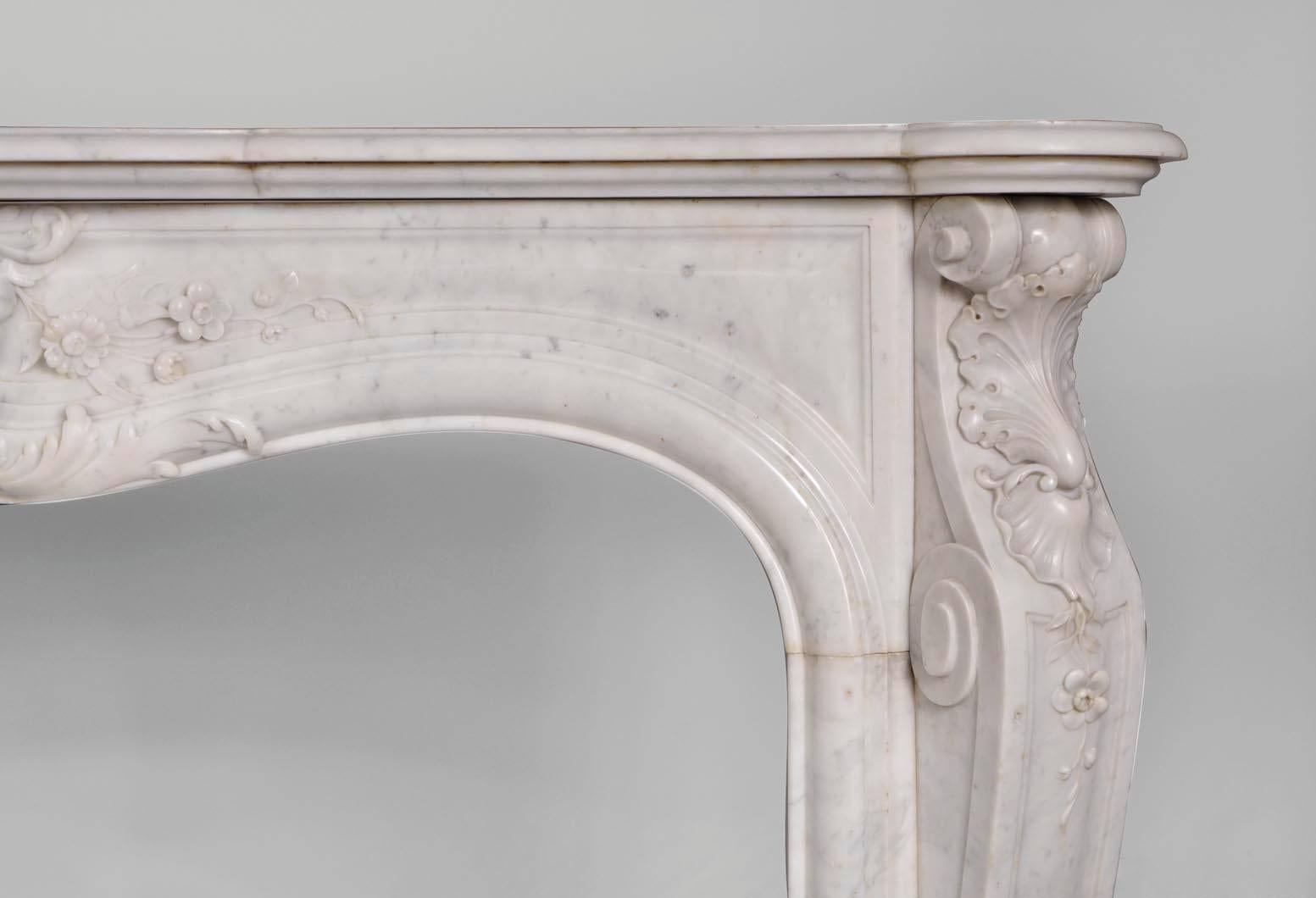 Opulent Louis XV Style Fireplace in White Carrara Marble, 19th Century 3