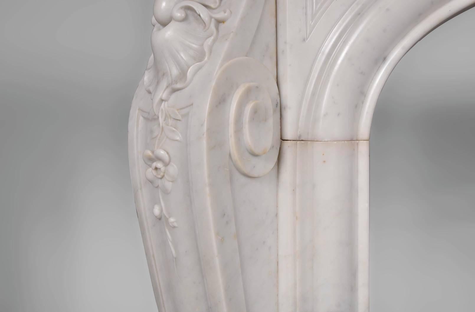 Opulent Louis XV Style Fireplace in White Carrara Marble, 19th Century 1