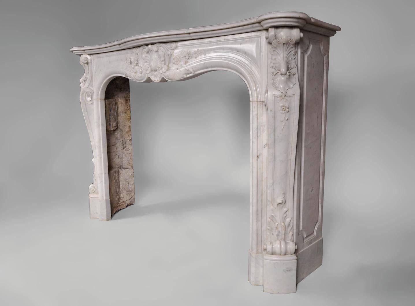 Opulent Louis XV Style Fireplace in White Carrara Marble, 19th Century 2