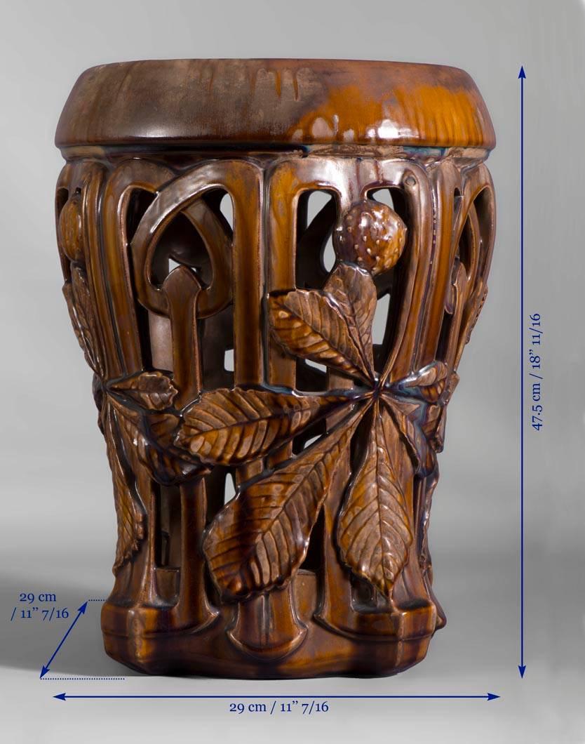 Rare Art Nouveau Ceramic Stool with Chestnut Leaves Decor For Sale 1