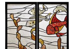 Pair of Stained Glass Windows with Japanese Style Decor of Koi Carps
