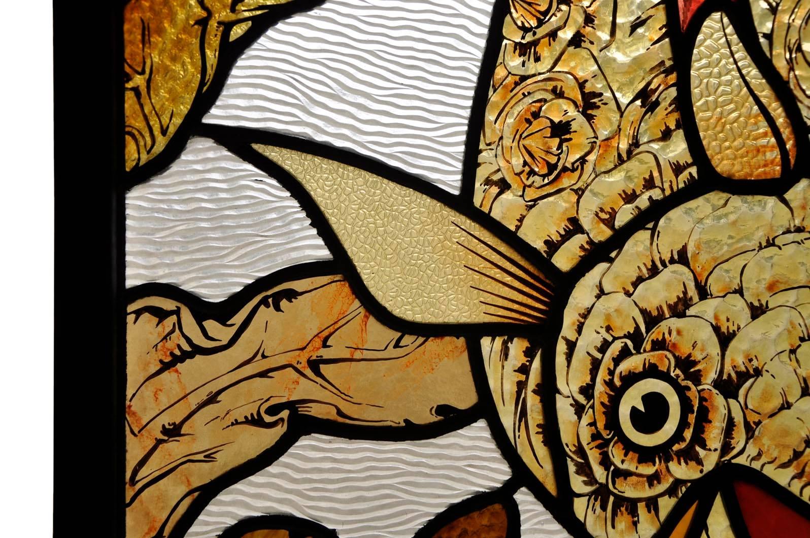 Japonisme Pair of Stained Glass Windows with Japanese Style Decor of Koi Carps For Sale