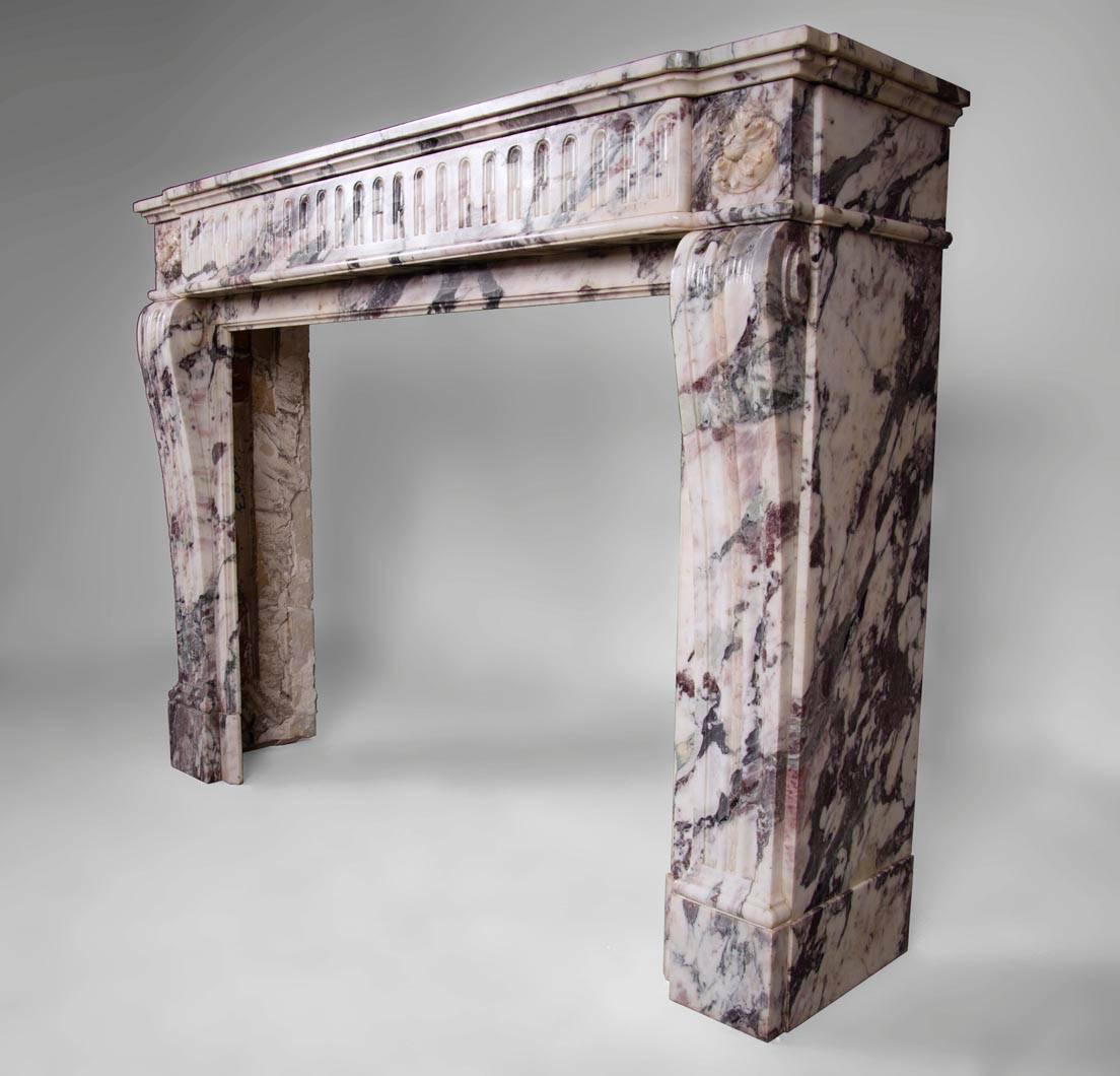French Louis XVI Style Fireplace with Flutings Decor in Violet Breccia Marble For Sale