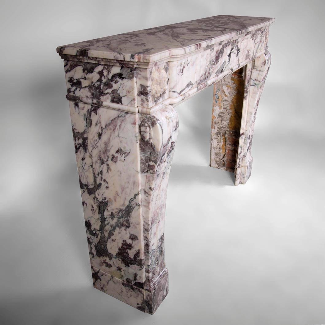 Louis XVI Style Fireplace with Flutings Decor in Violet Breccia Marble In Good Condition For Sale In Saint Ouen, FR