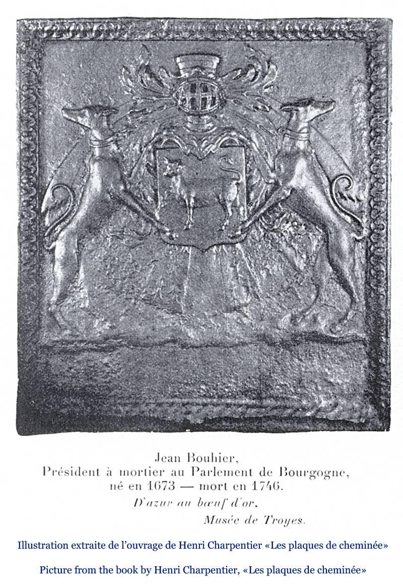 Iron Important Antique Fireback with Jean Bouhier De Savigny Coat of Arms For Sale