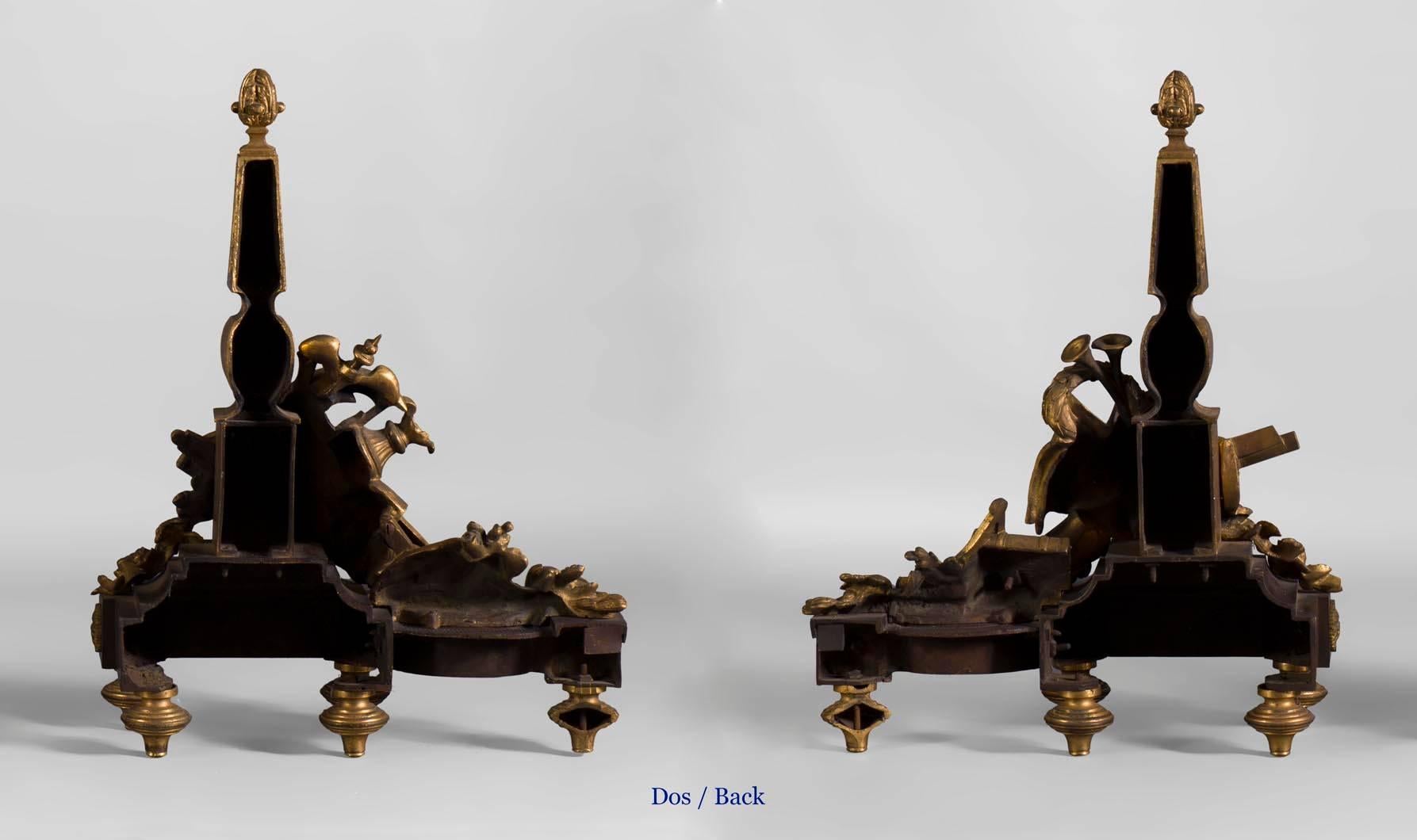 Pair of Louis XVI Style Andirons in Patinated and Gilt Bronze Decor For Sale 2