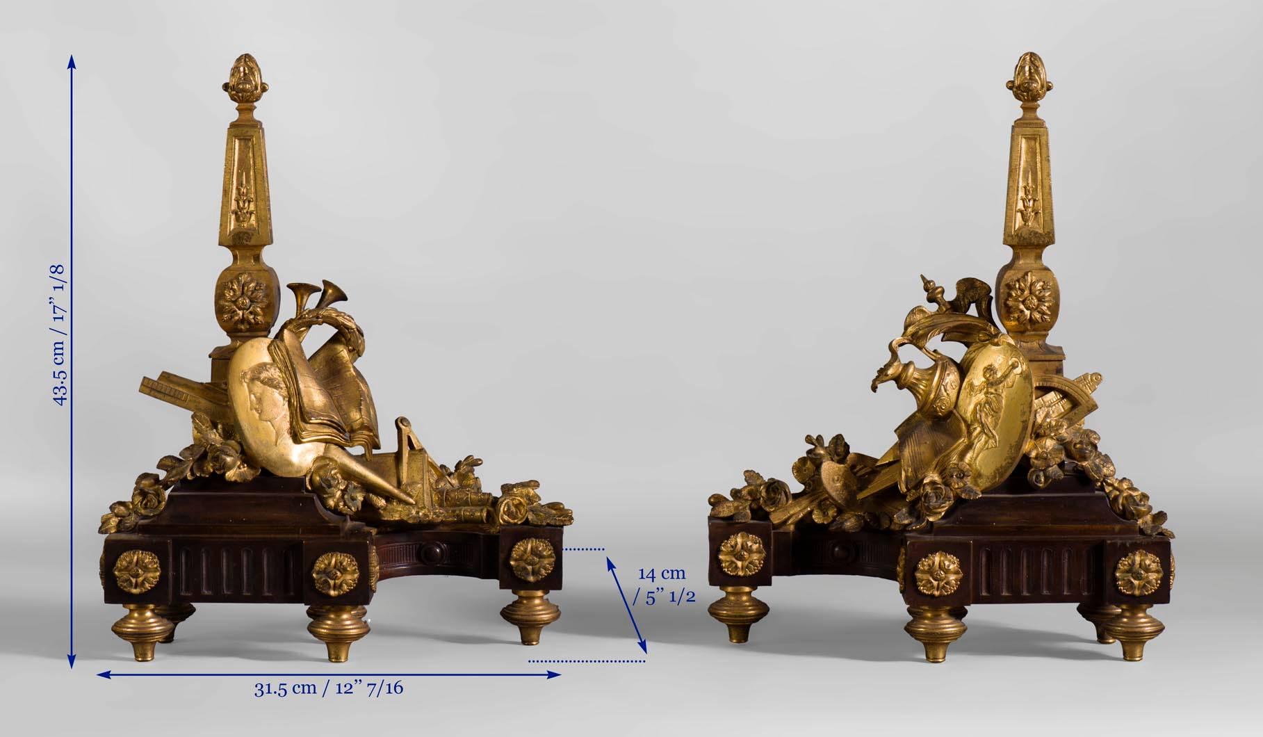Pair of Louis XVI Style Andirons in Patinated and Gilt Bronze Decor For Sale 3
