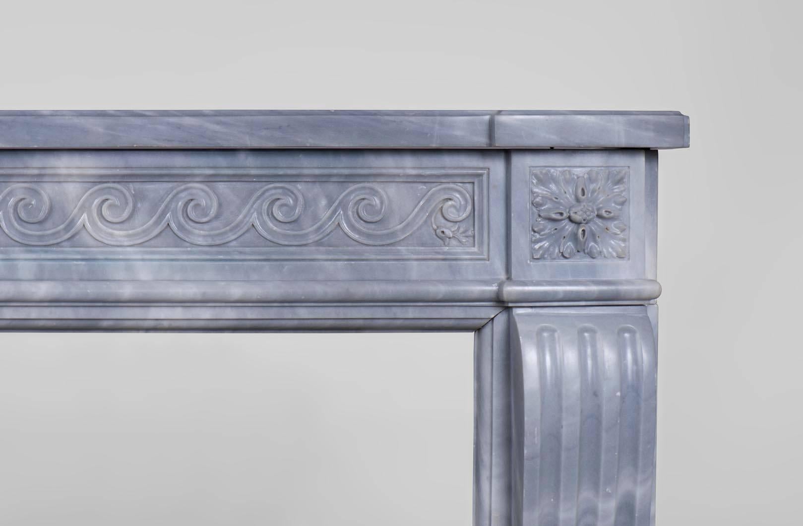 19th Century Antique Louis XVI Style Fireplace with Vitruvian Scroll in Blue Turquin Marble For Sale