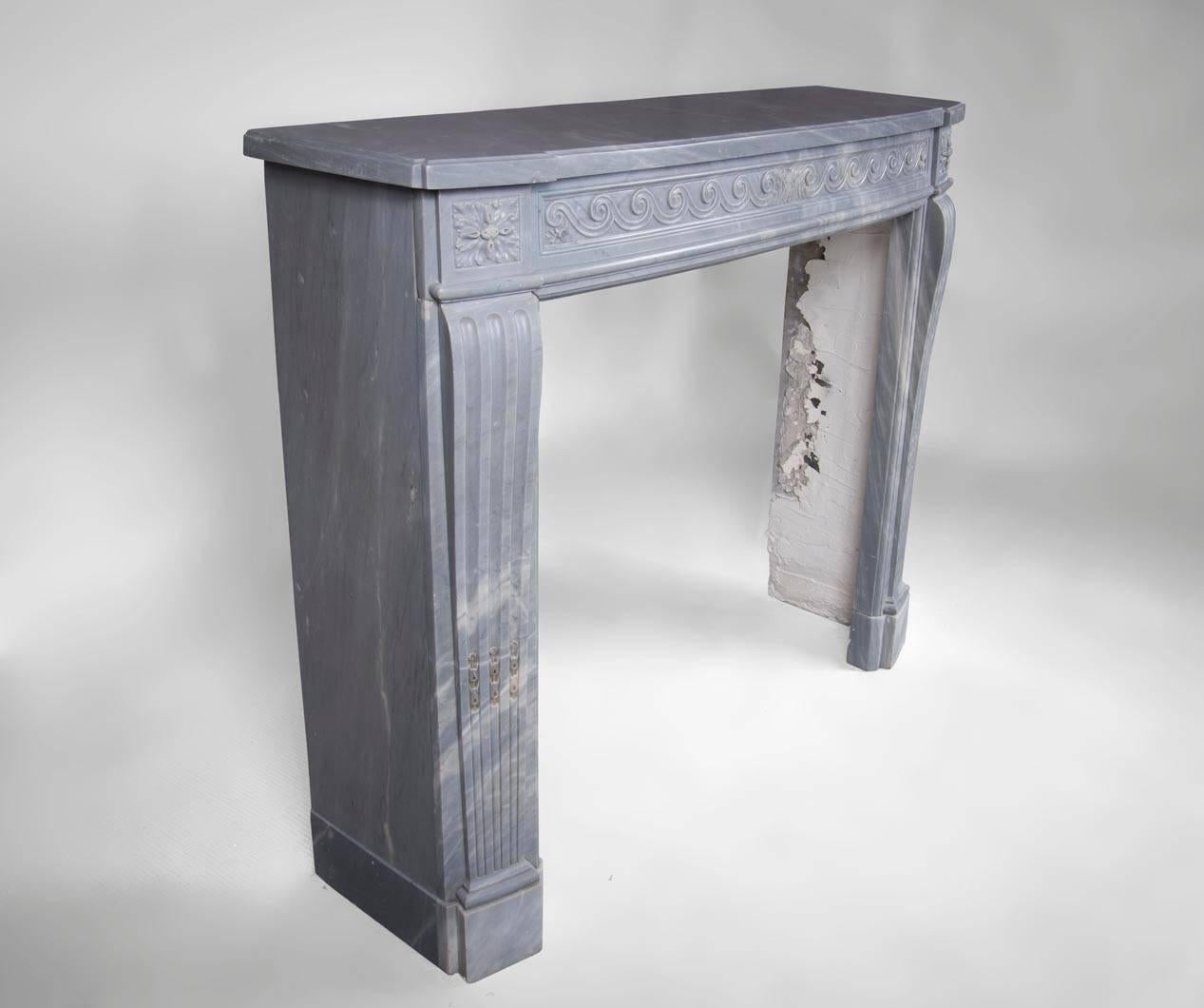 French Antique Louis XVI Style Fireplace with Vitruvian Scroll in Blue Turquin Marble For Sale