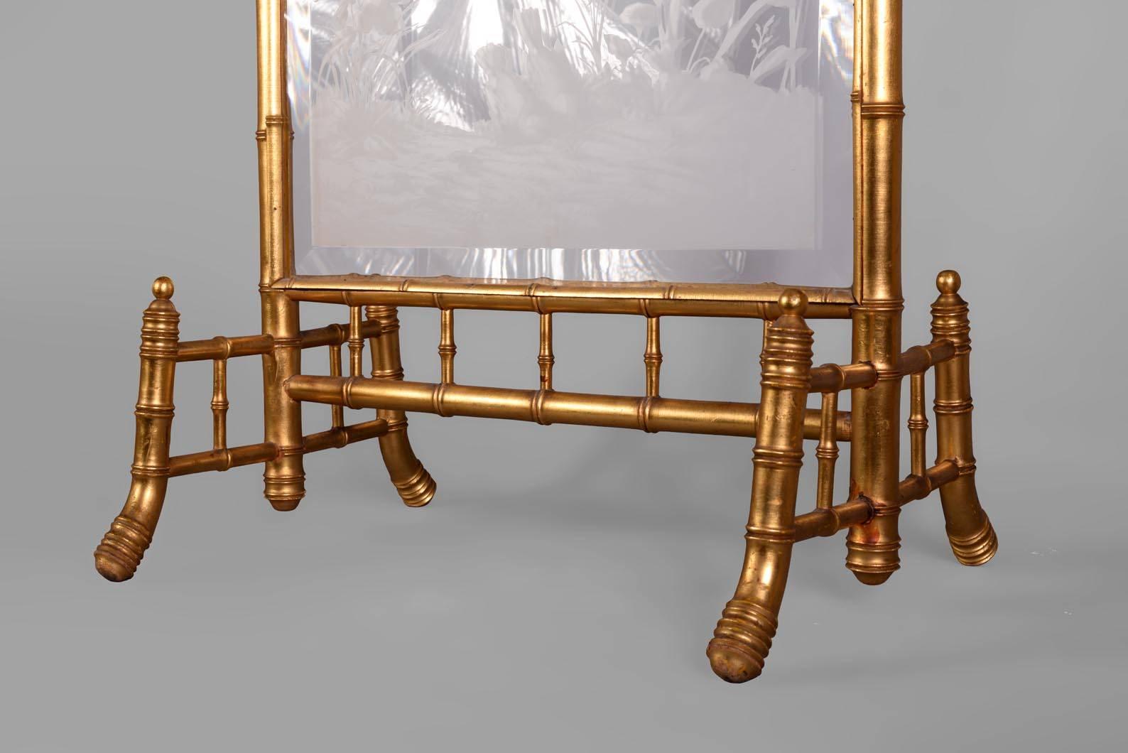 19th Century Japanese Style Fire Screen in Gilt Bronze in Imitation of Bamboo, Engraved Glass For Sale