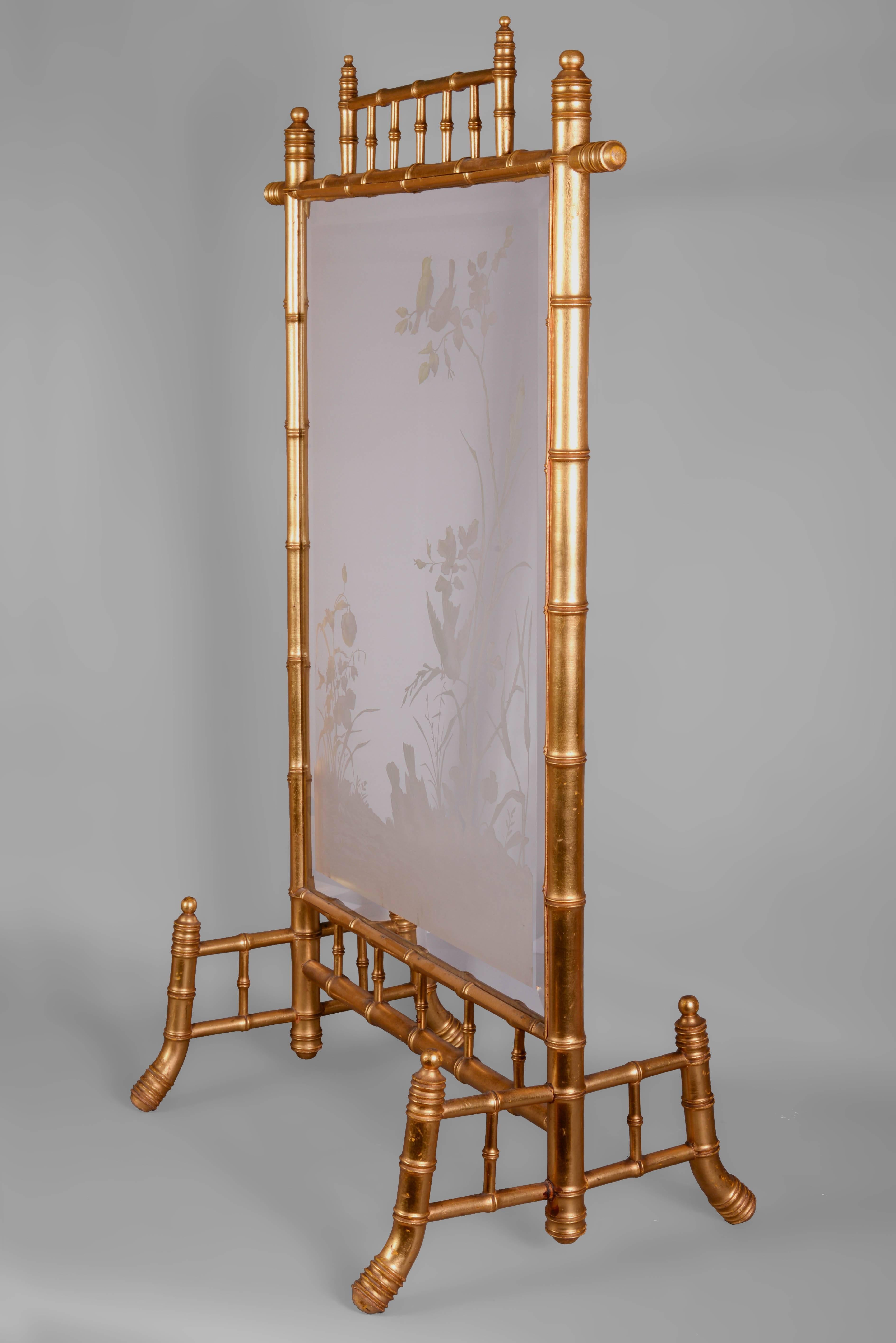 Japanese Style Fire Screen in Gilt Bronze in Imitation of Bamboo, Engraved Glass For Sale 2