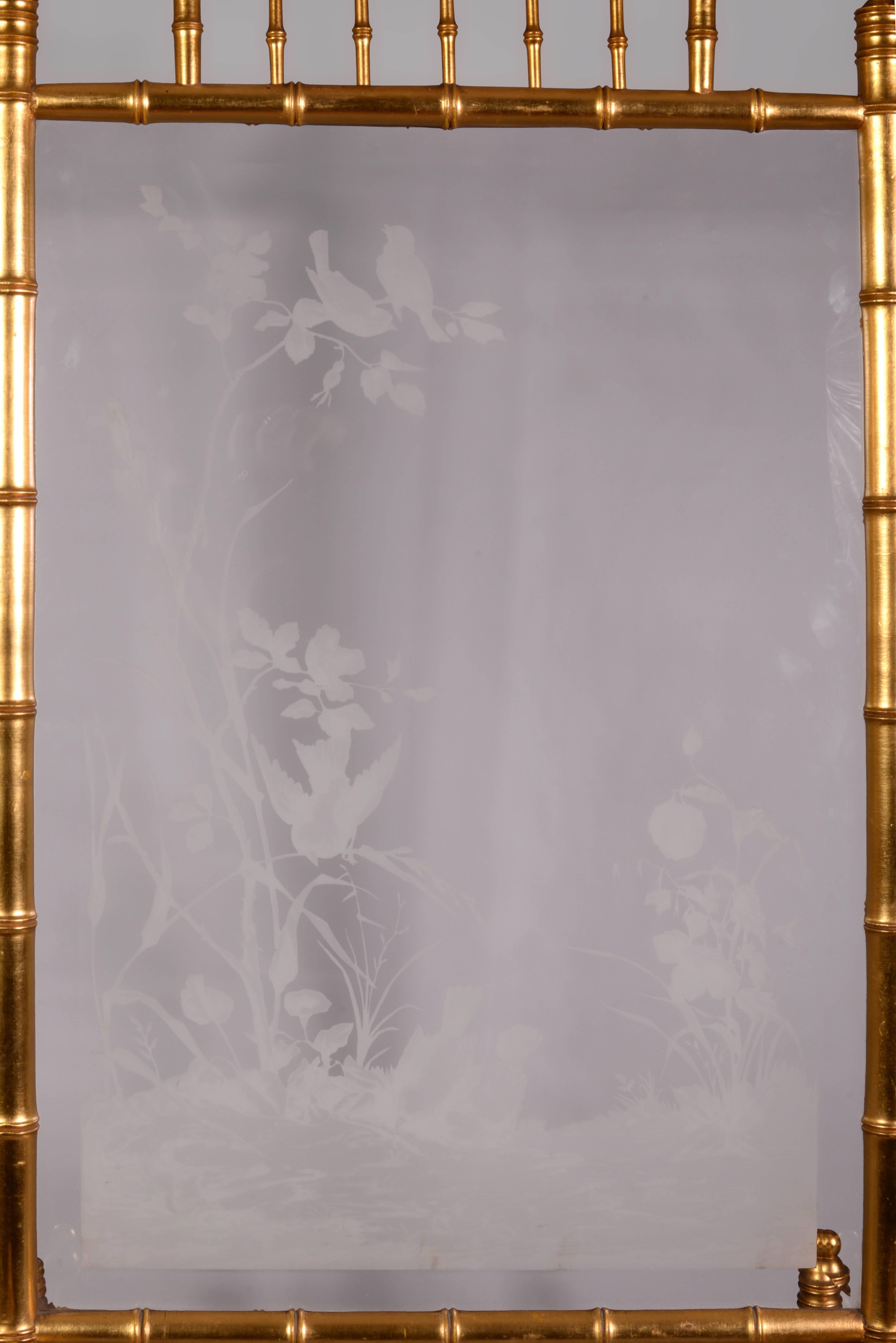 Japonisme Japanese Style Fire Screen in Gilt Bronze in Imitation of Bamboo, Engraved Glass For Sale