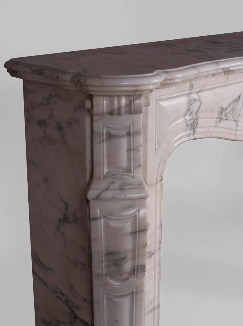 Carved Pompadour Fireplace, Louis XV Style, in Arabescato Marble, 19th Century For Sale