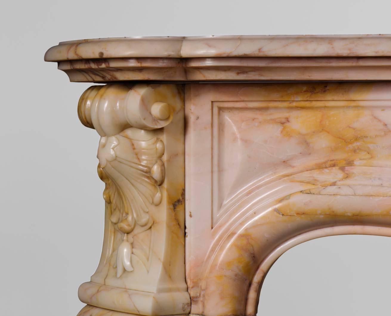 Carved Three Shells Louis XV Style Fireplace in Breccia Nuvolata Marble, 19th Century For Sale