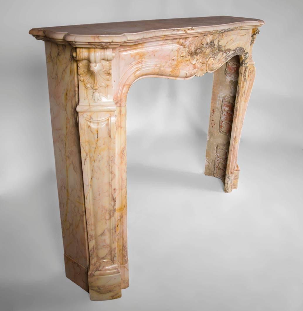 French Three Shells Louis XV Style Fireplace in Breccia Nuvolata Marble, 19th Century For Sale