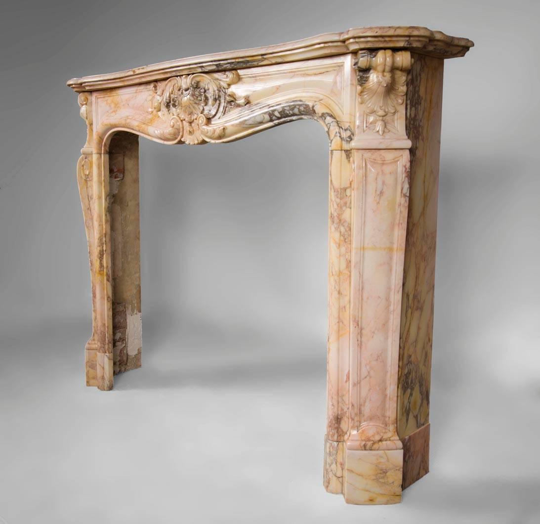 Three Shells Louis XV Style Fireplace in Breccia Nuvolata Marble, 19th Century In Good Condition For Sale In Saint Ouen, FR