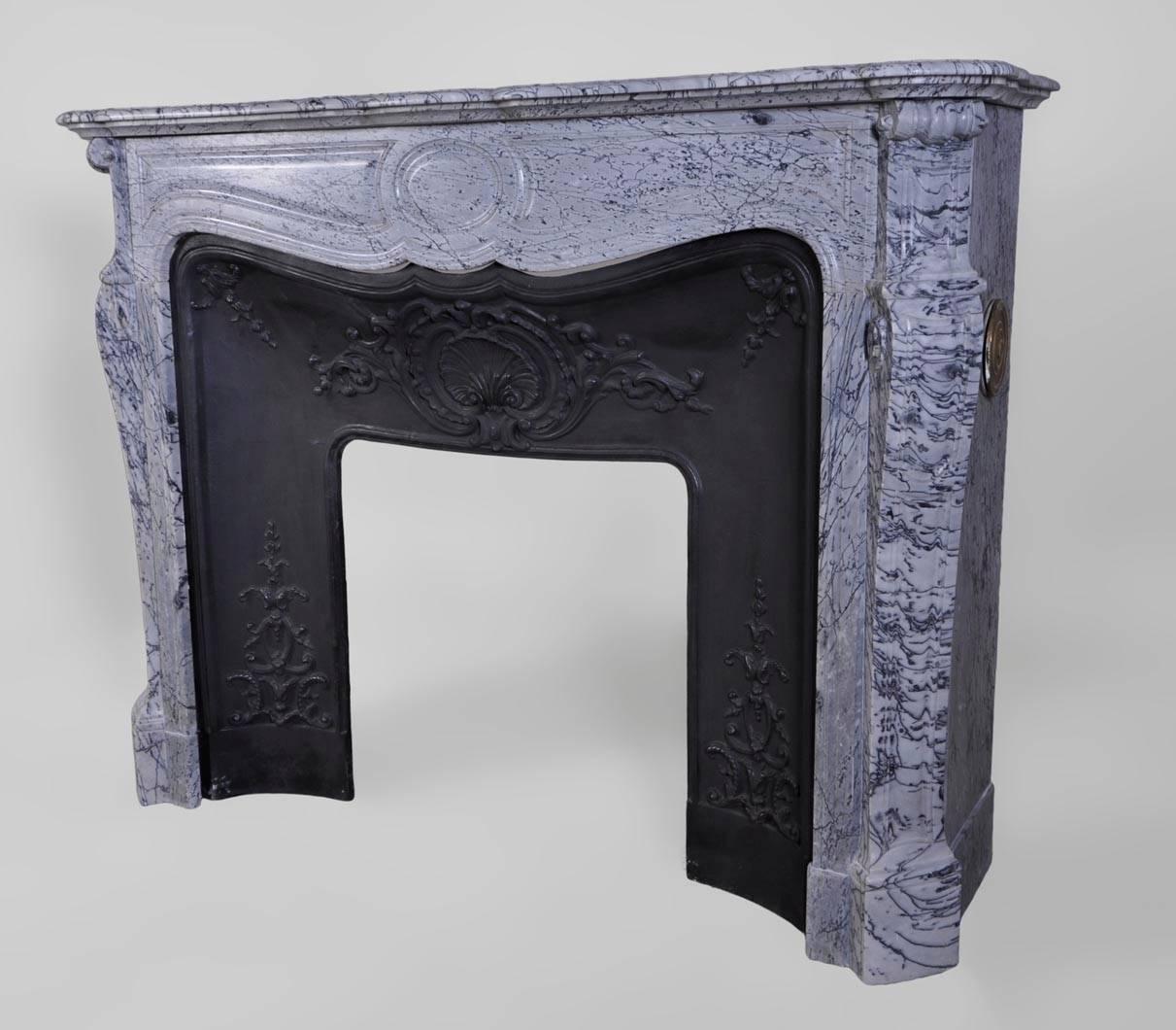 19th Century Louis XV Style Pompadour Fireplace in Bleu Fleuri Marble with Cast Iron Insert