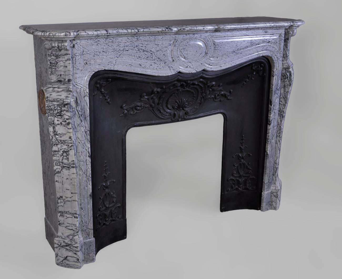 French Louis XV Style Pompadour Fireplace in Bleu Fleuri Marble with Cast Iron Insert