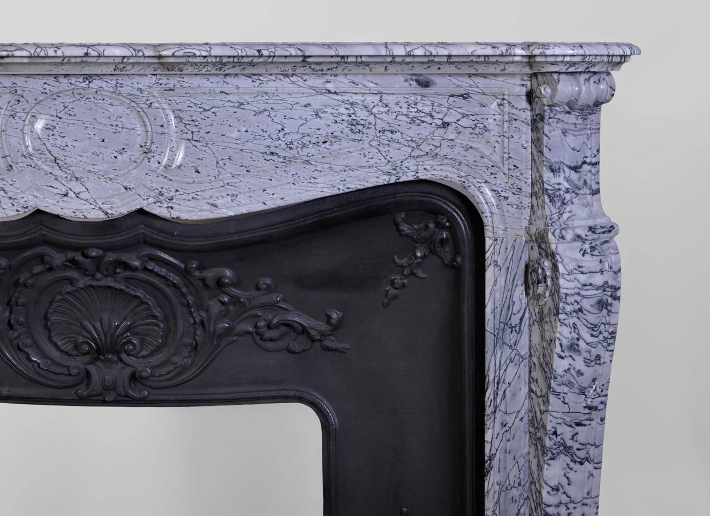 Louis XV Style Pompadour Fireplace in Bleu Fleuri Marble with Cast Iron Insert 1