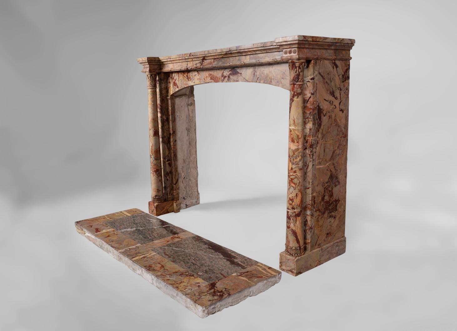 19th Century Antique Empire Style Fireplace with Columns in Sarrancolin Ilhet Marble For Sale