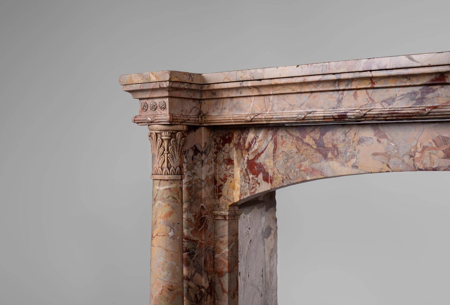 Carved Antique Empire Style Fireplace with Columns in Sarrancolin Ilhet Marble For Sale