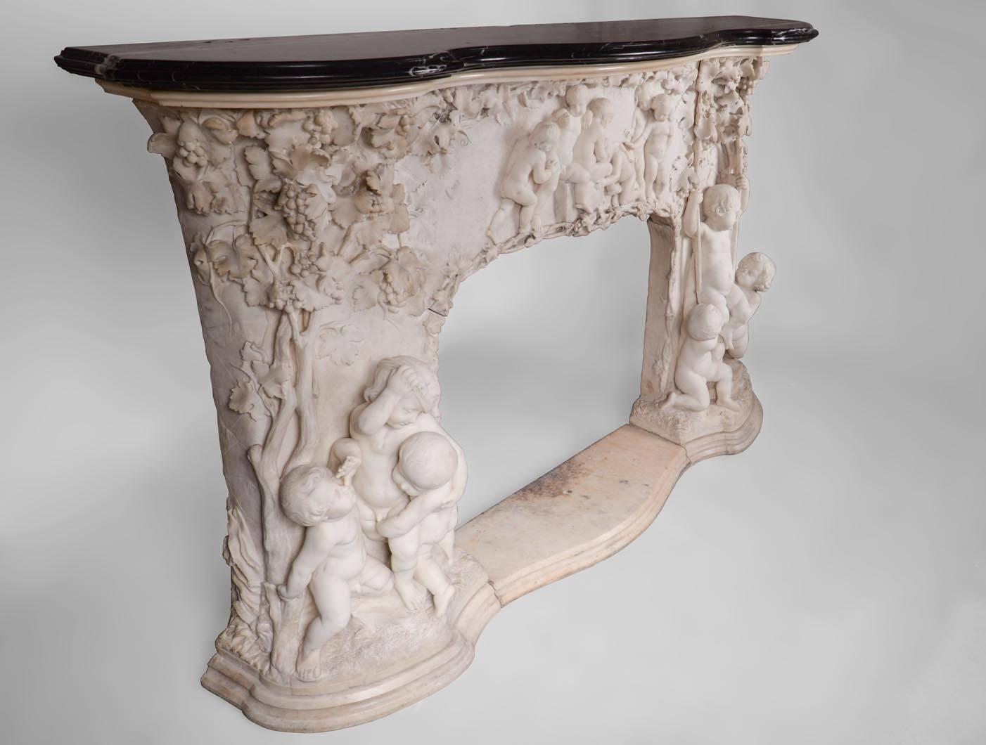 Napoleon III Extraordinary Antique Statuary Marble Fireplace Carved in High Relief with Putti For Sale