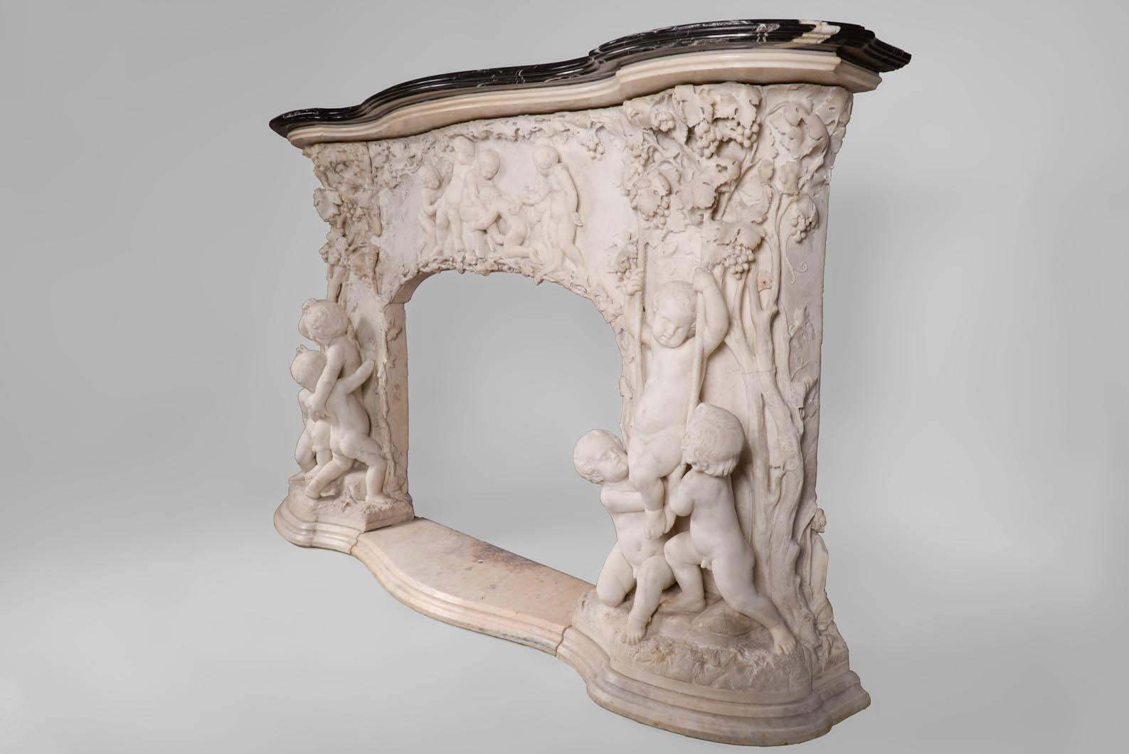 19th Century Extraordinary Antique Statuary Marble Fireplace Carved in High Relief with Putti For Sale