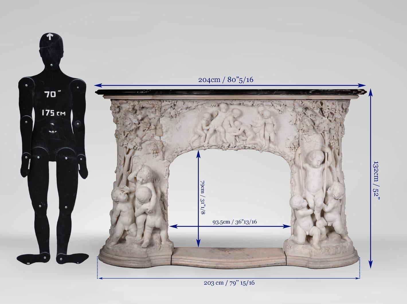 Extraordinary Antique Statuary Marble Fireplace Carved in High Relief with Putti For Sale 4