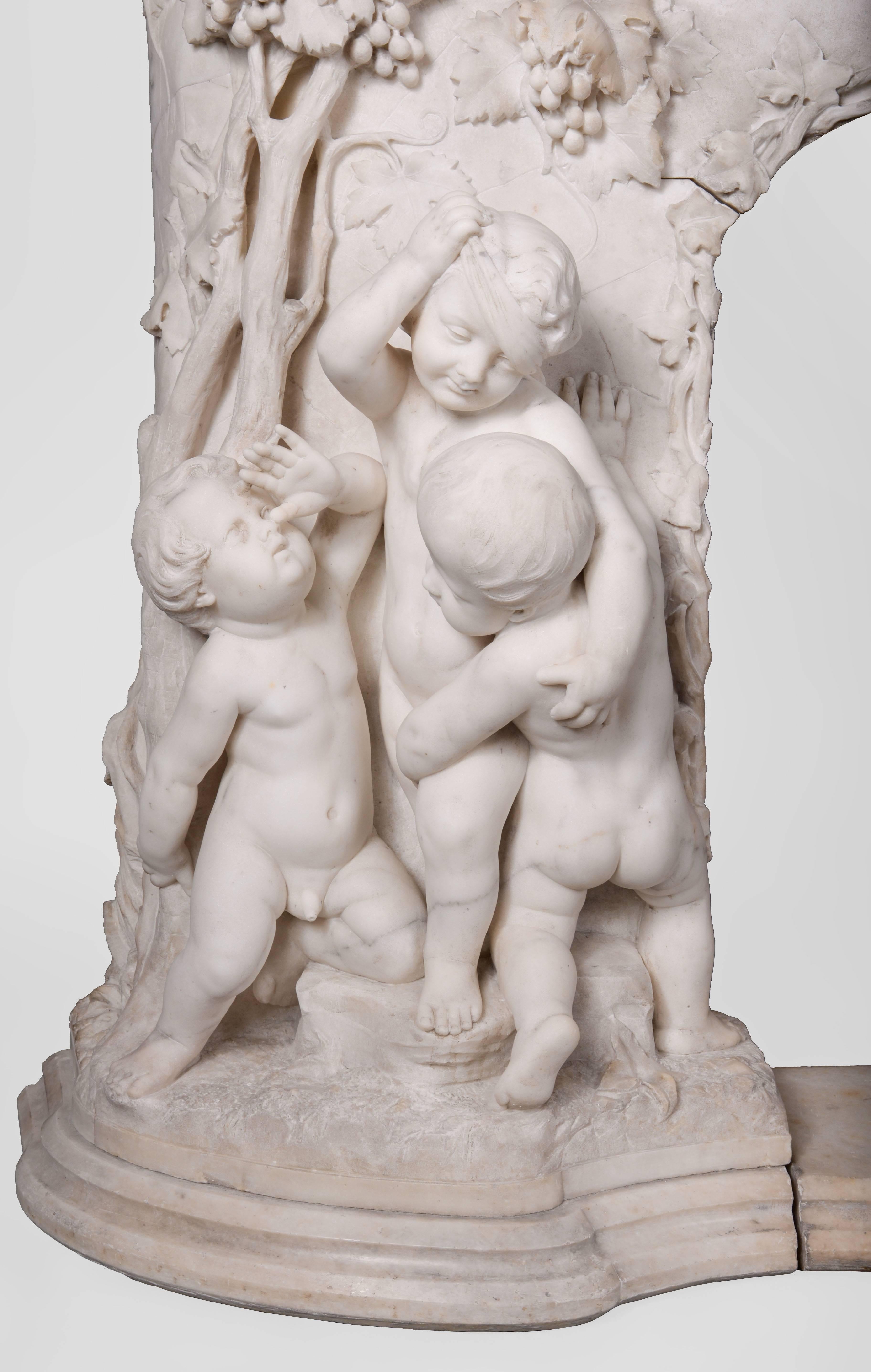 Italian Extraordinary Antique Statuary Marble Fireplace Carved in High Relief with Putti For Sale