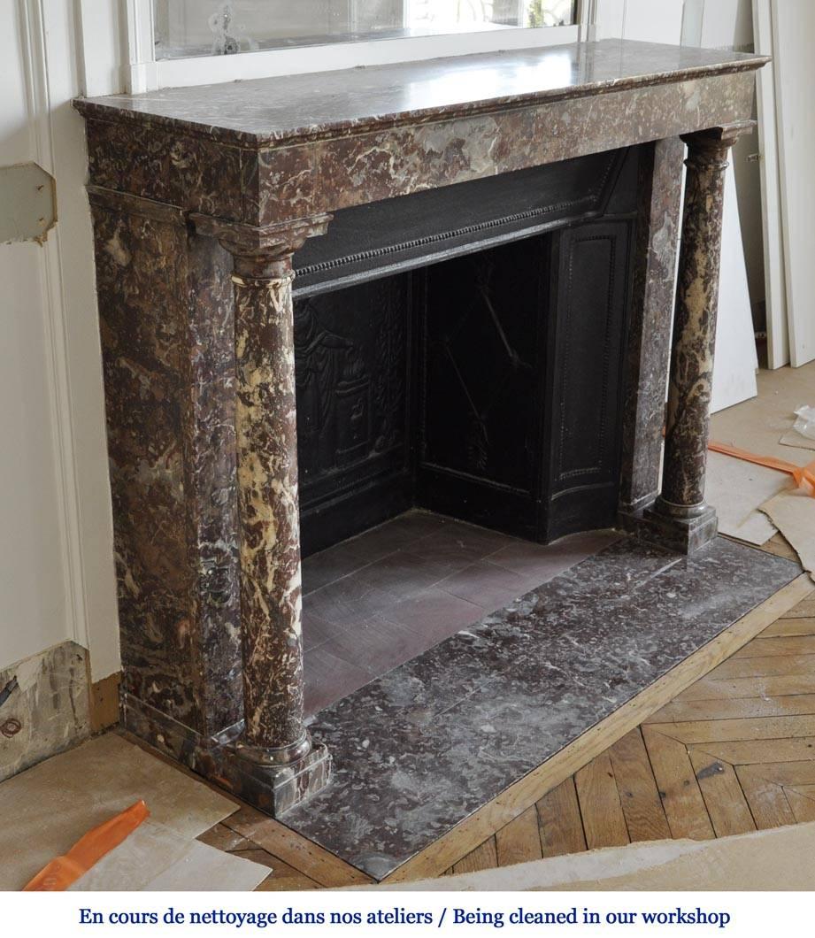 French Antique Empire Fireplace with Columns and Its Complete Cast Iron Insert  For Sale