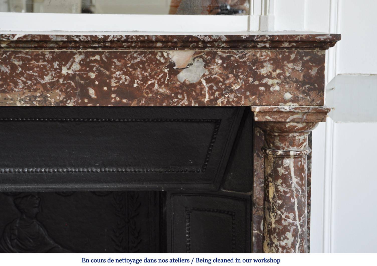 19th Century Antique Empire Fireplace with Columns and Its Complete Cast Iron Insert For Sale