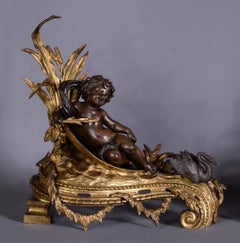 Antique Pair of Andirons in Bronze with Two Patinas, Decor of Putti and Swans