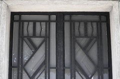 Art Deco Exterior Door, 1930s, Iron and Engraved Glass with Flowers Decor