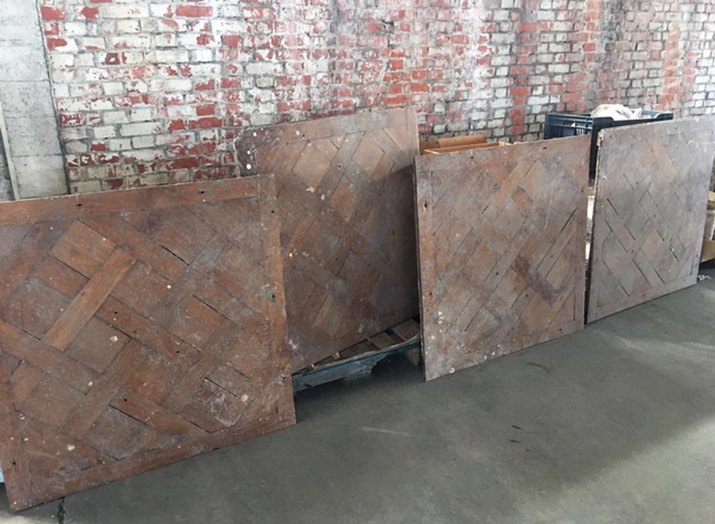 Antique 18th-century Versailles parquet flooring made out of oak with dowels.

There are 6 whole panels (102 cm x 102 cm = 40'' 1/8), 2 panels with some missing parts, 3 half panels and 3 3/4 of panels. Total surface: about 11 square meters.