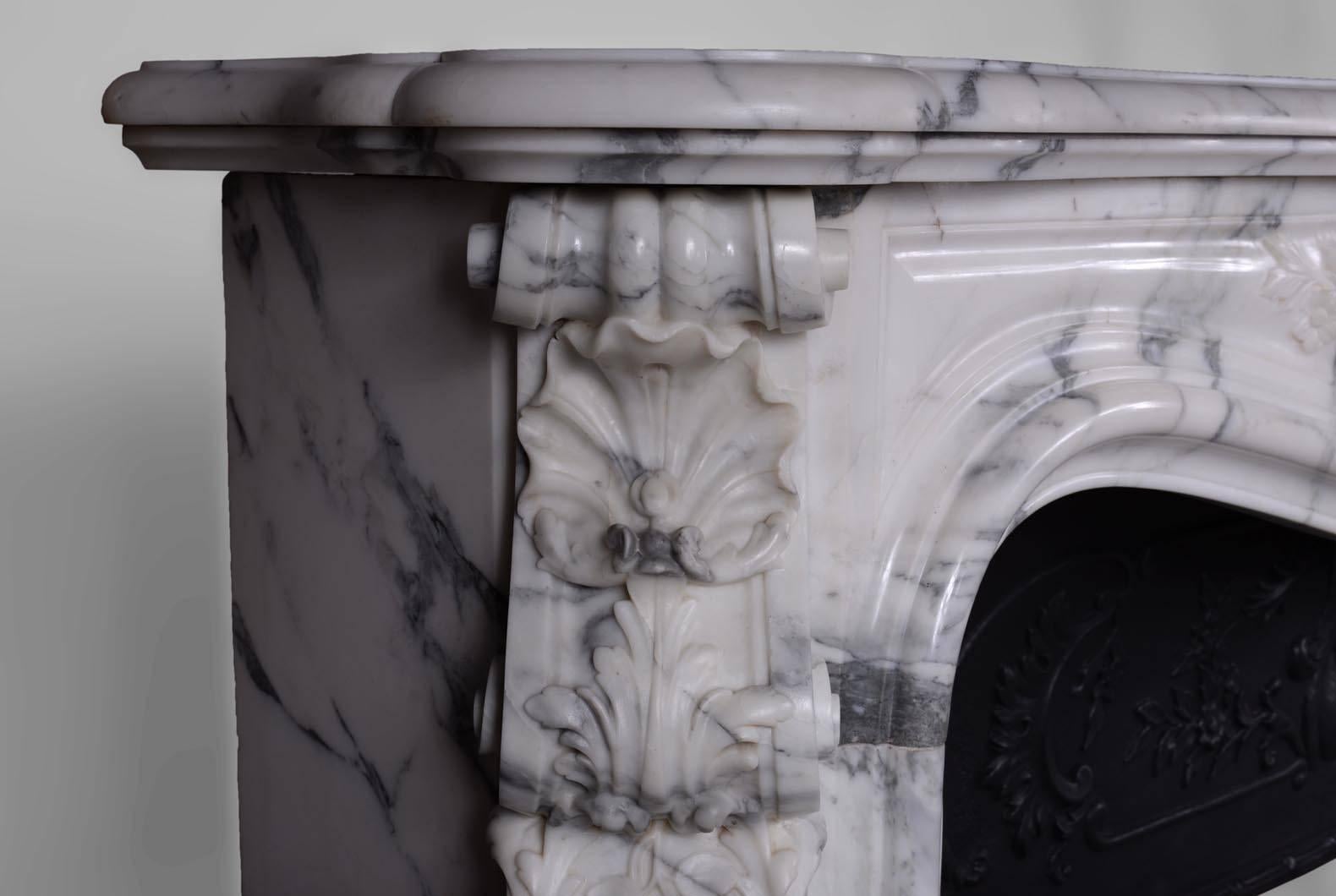 Antique Louis XV Style Fireplace in Arabescato Marble with Cast Iron Insert 1