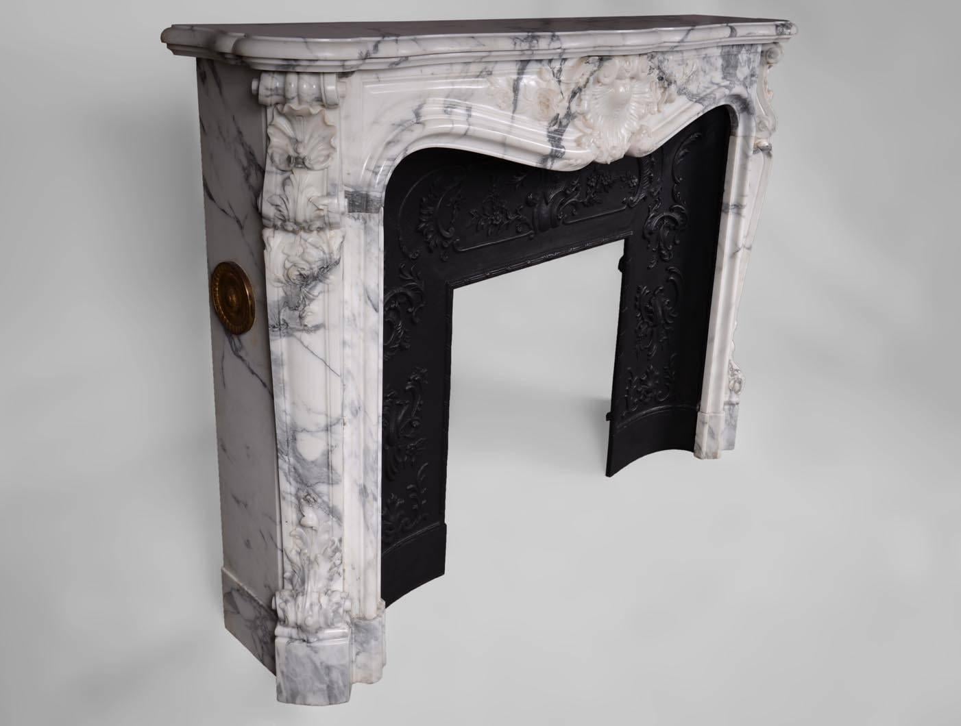 19th Century Antique Louis XV Style Fireplace in Arabescato Marble with Cast Iron Insert