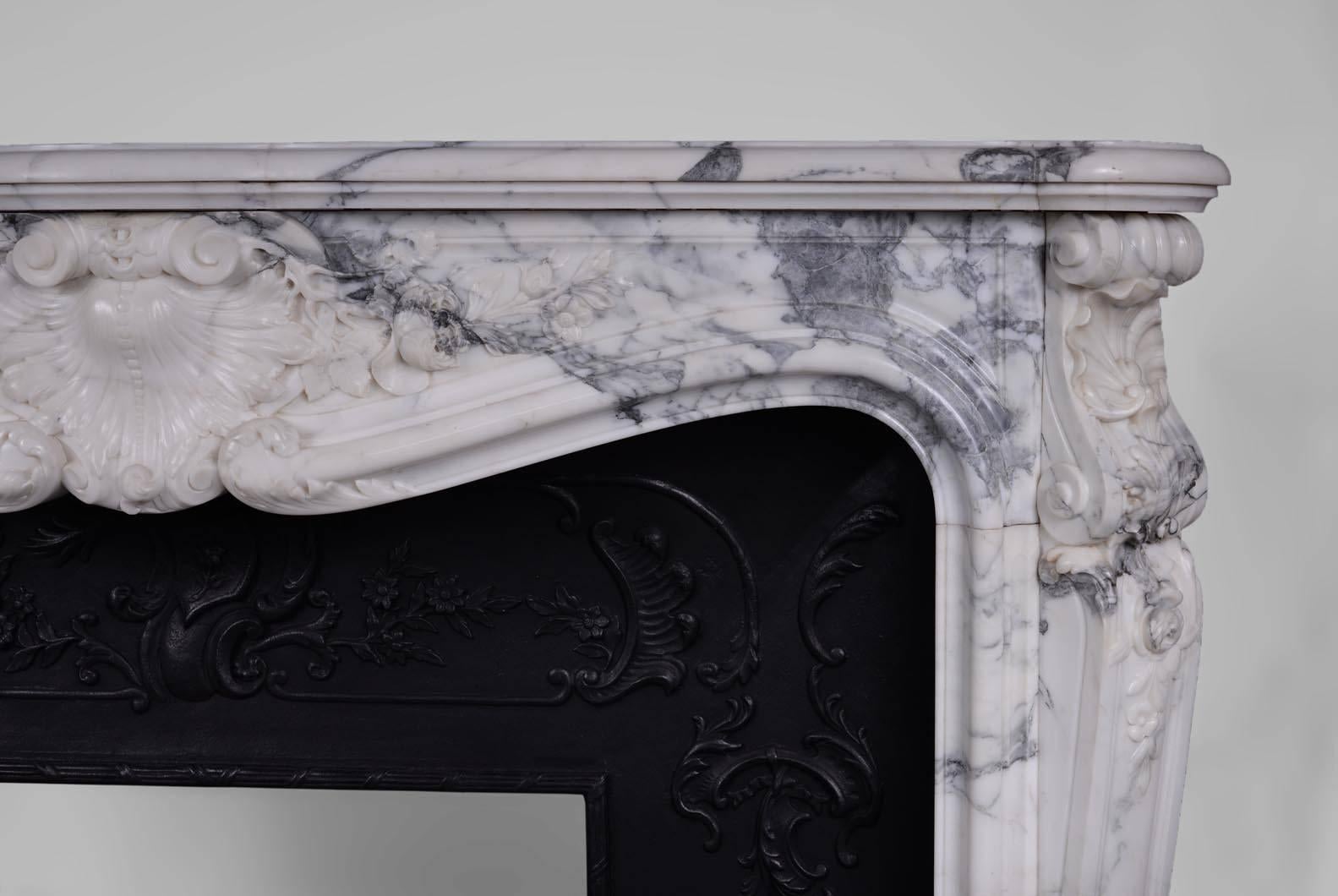 Antique Louis XV Style Fireplace in Arabescato Marble with Cast Iron Insert 3