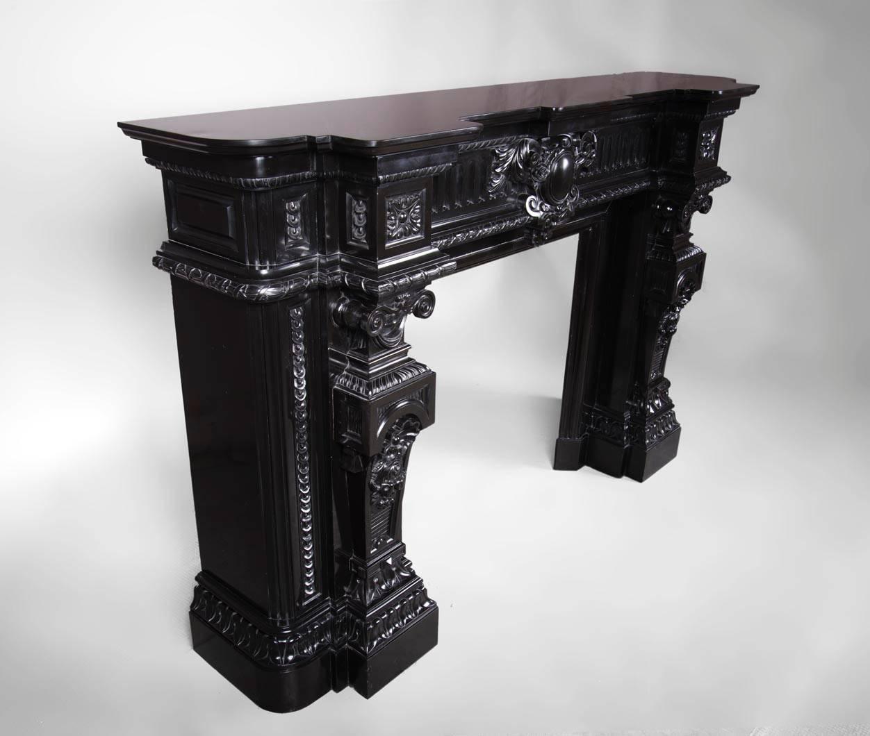 Carved Rare Napoleon III Style Antique Fireplace in Belgian Black Marble, Rich Decor For Sale