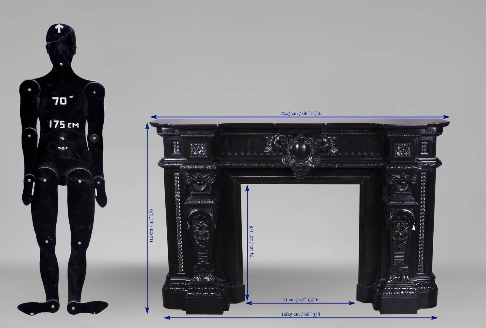 Rare Napoleon III Style Antique Fireplace in Belgian Black Marble, Rich Decor For Sale 4