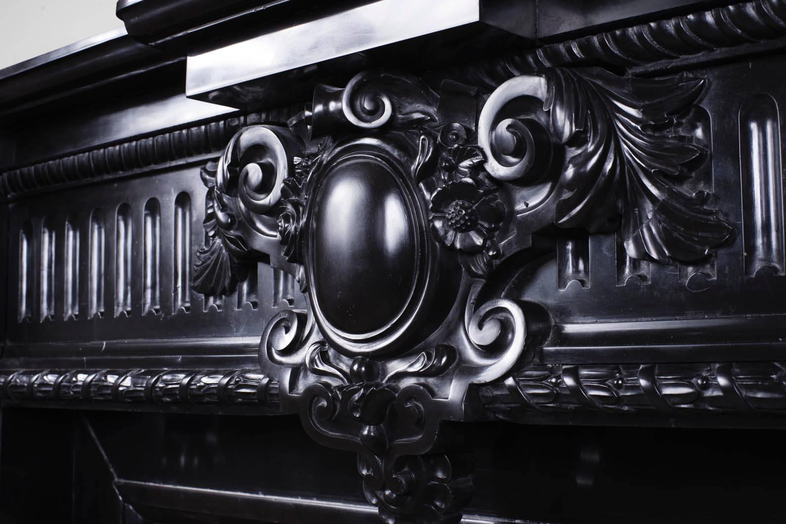 French Rare Napoleon III Style Antique Fireplace in Belgian Black Marble, Rich Decor For Sale