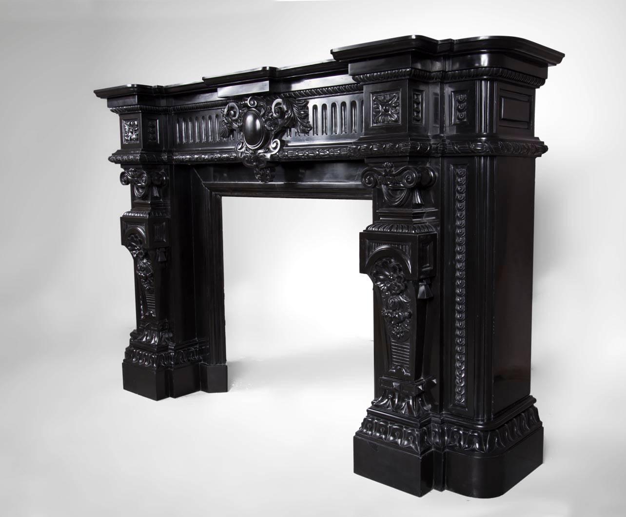 19th Century Rare Napoleon III Style Antique Fireplace in Belgian Black Marble, Rich Decor For Sale