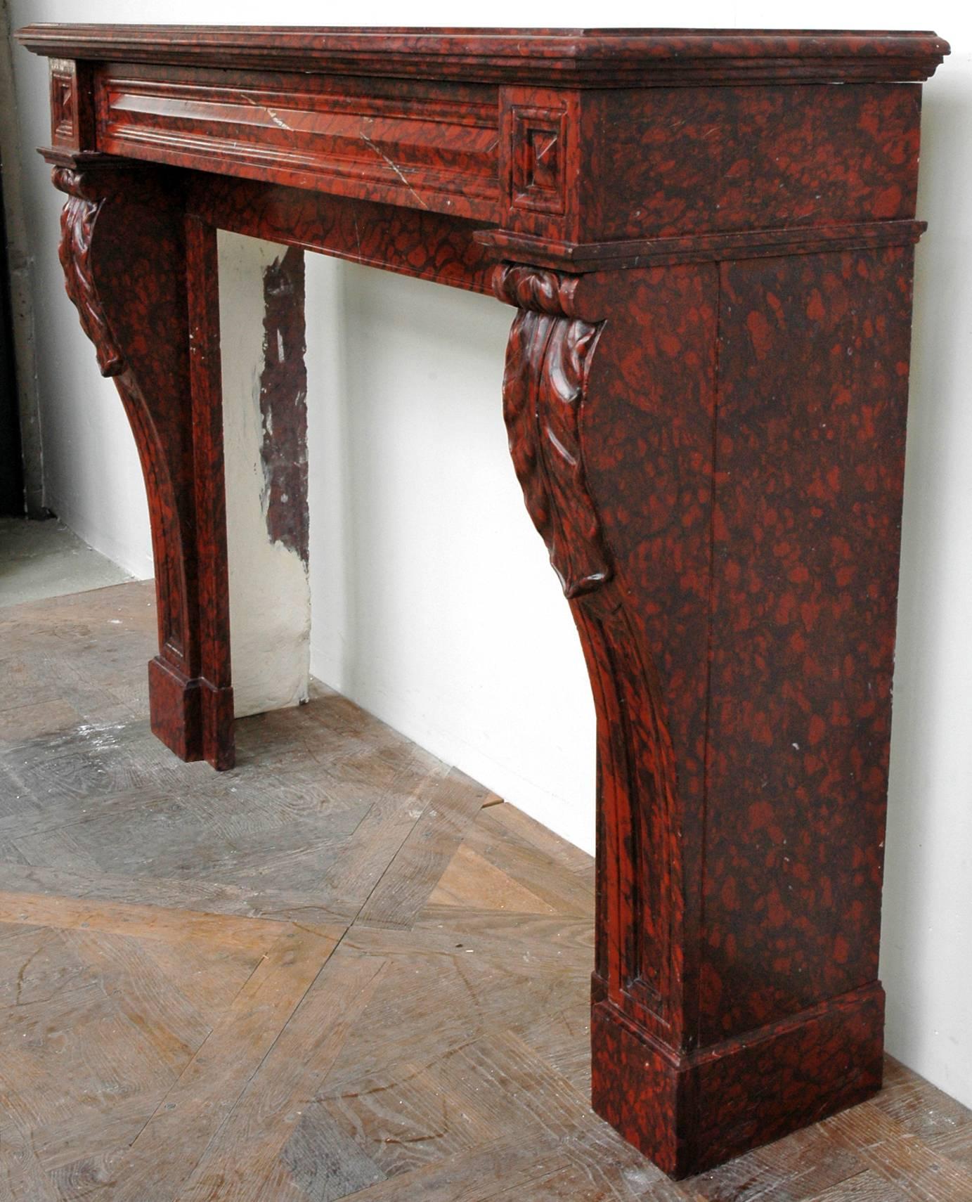 Antique Red Griotte Marble Mantel with Leaf Modillions, 19th Century In Good Condition For Sale In Saint Ouen, FR