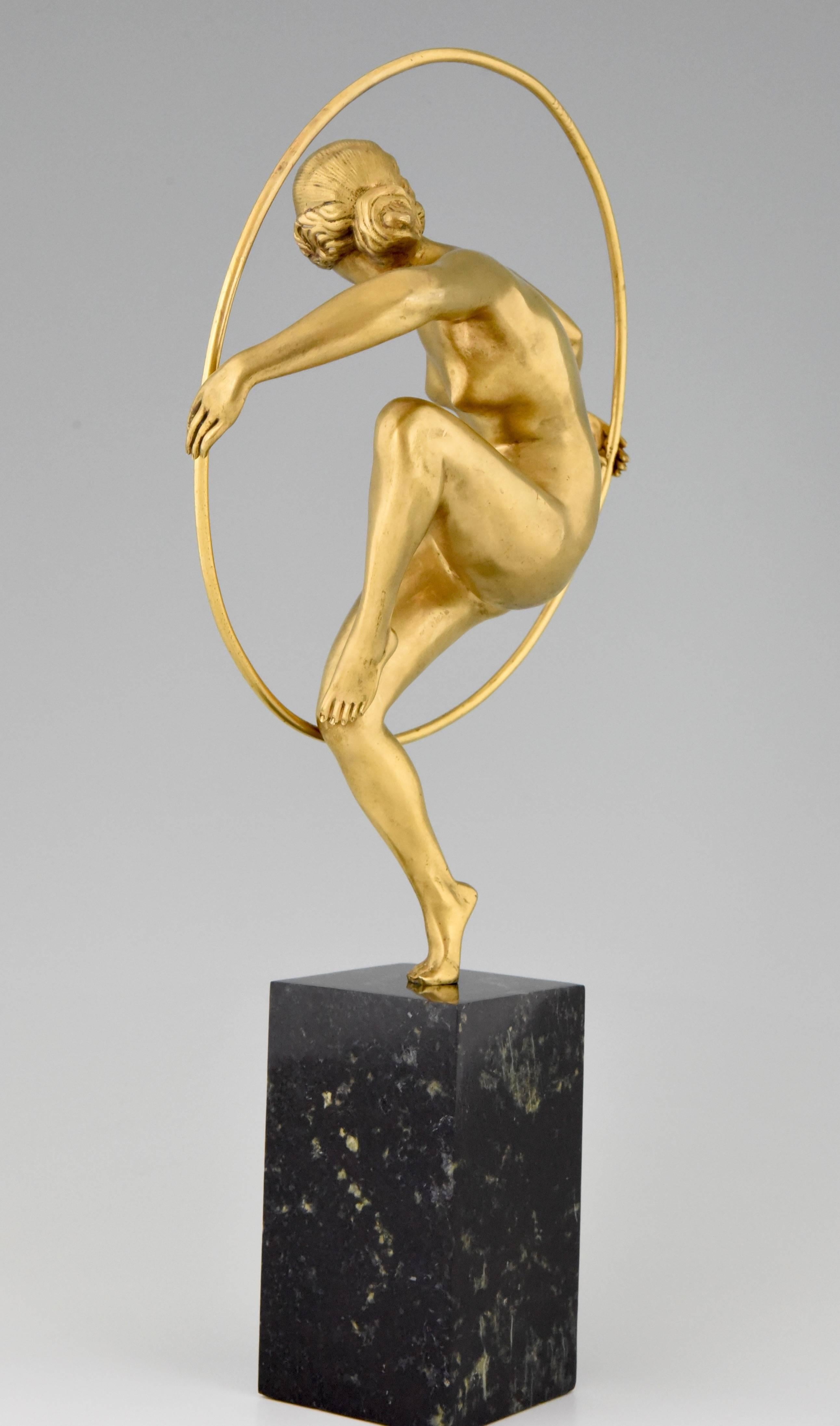 Gilt Art Deco Bronze Nude Hoop Dancer Andre Marcel Bouraine 1930 France original