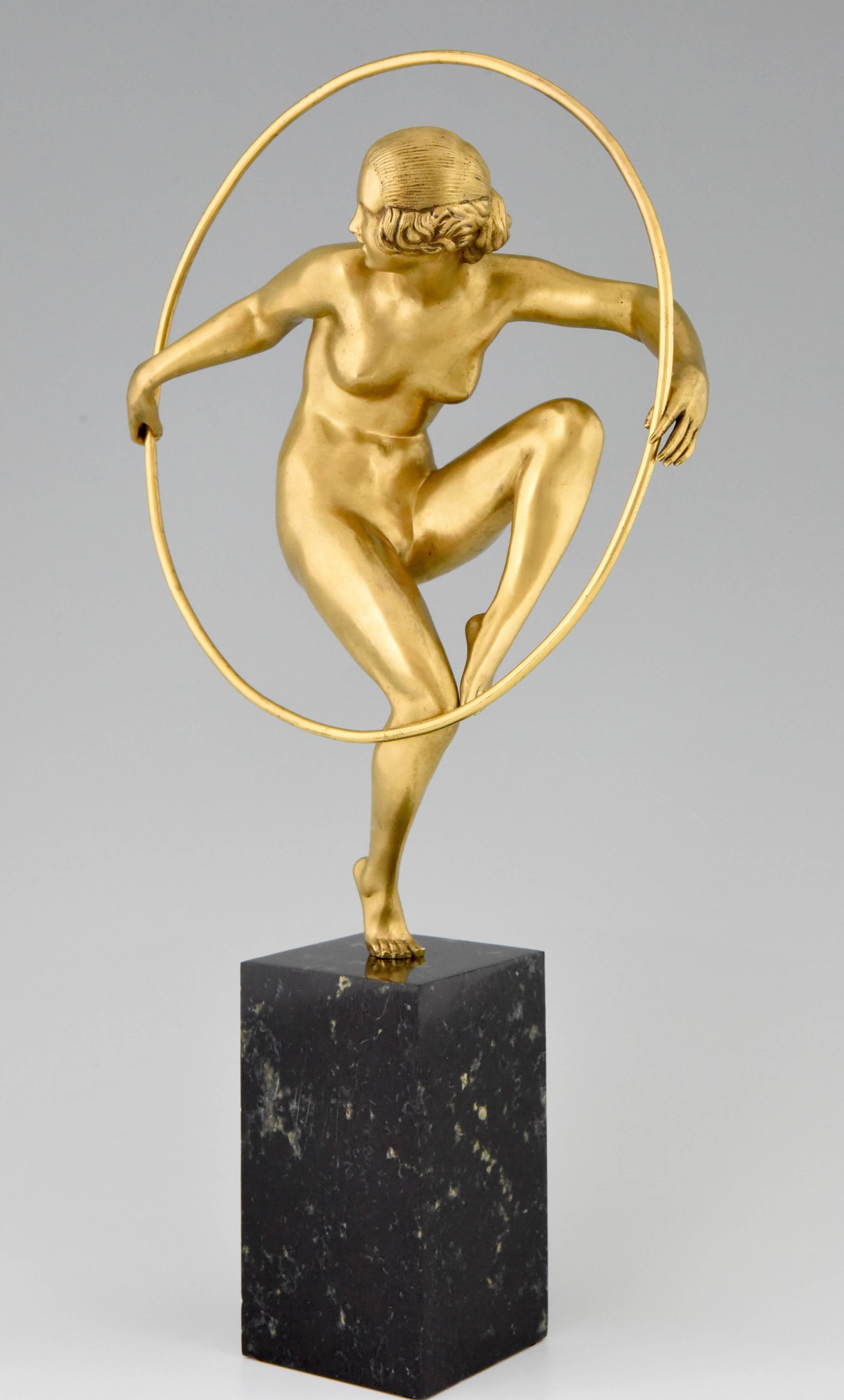 20th Century Art Deco Bronze Nude Hoop Dancer Andre Marcel Bouraine 1930 France original