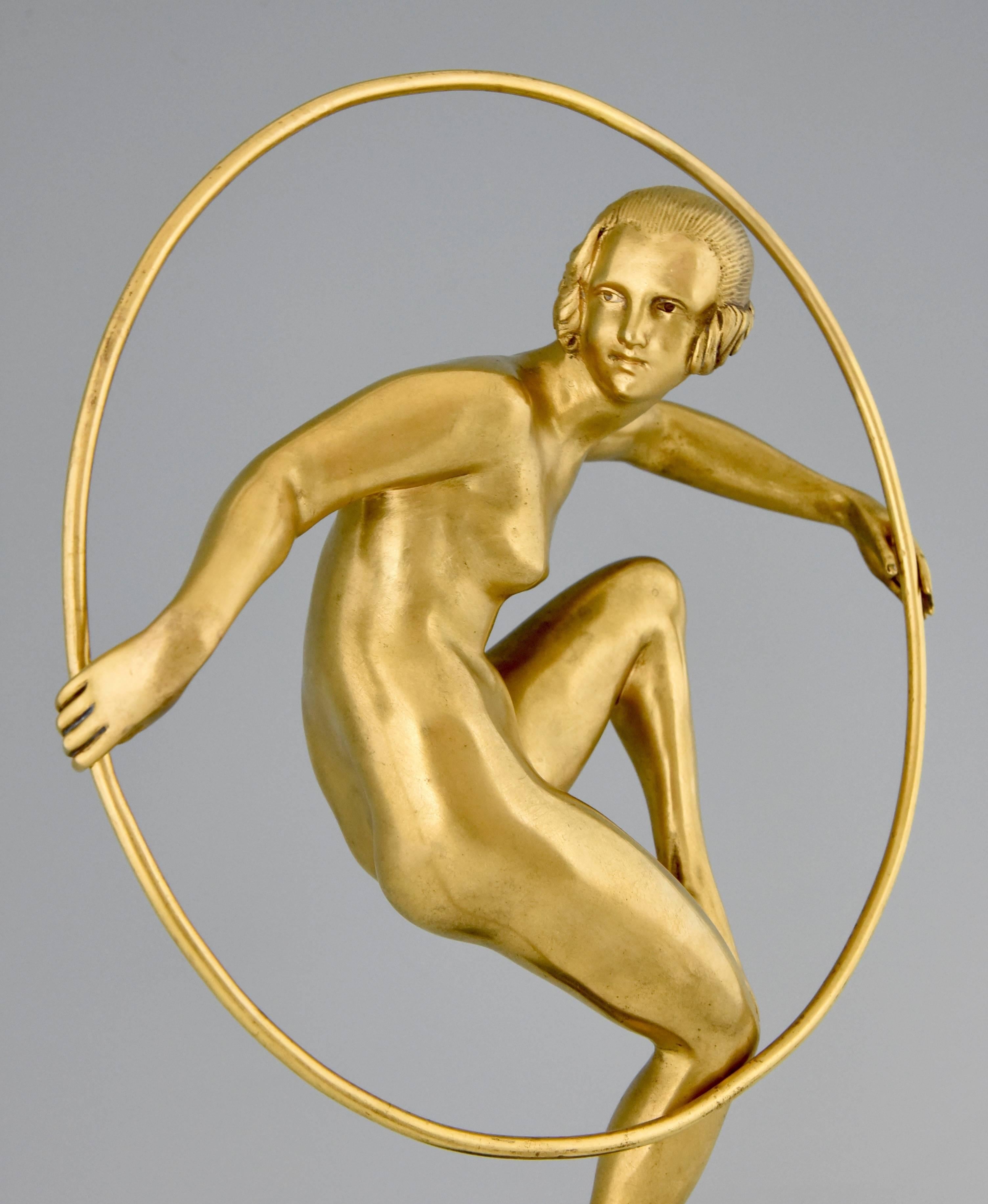 Art Deco Bronze Nude Hoop Dancer Andre Marcel Bouraine 1930 France original 1